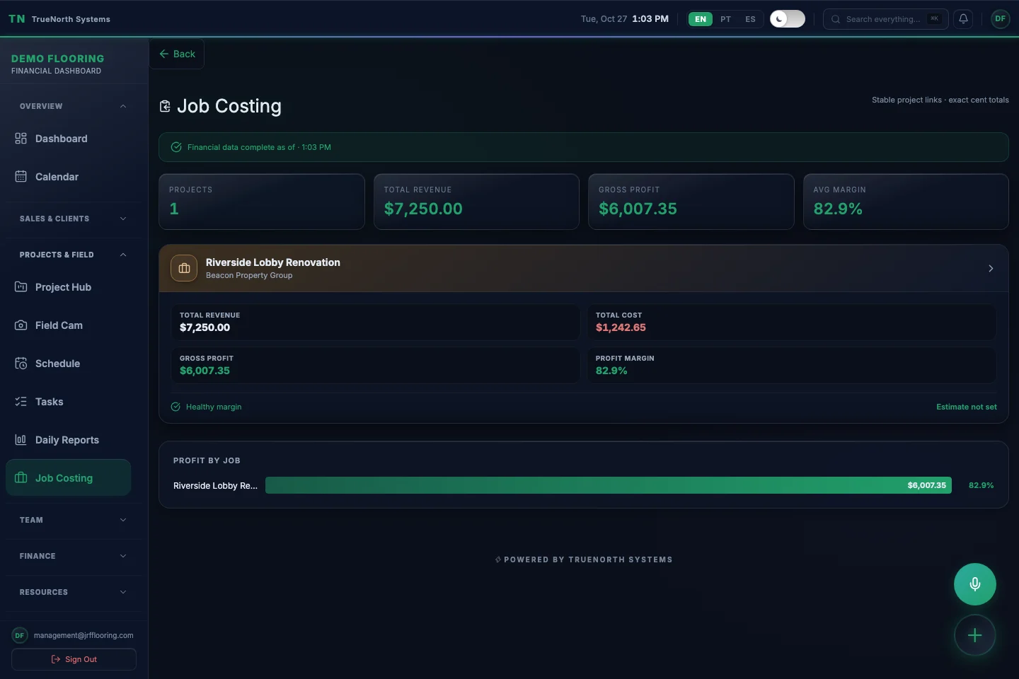 Job Costing — Actual TrueNorth Systems interface. Synthetic demo data.