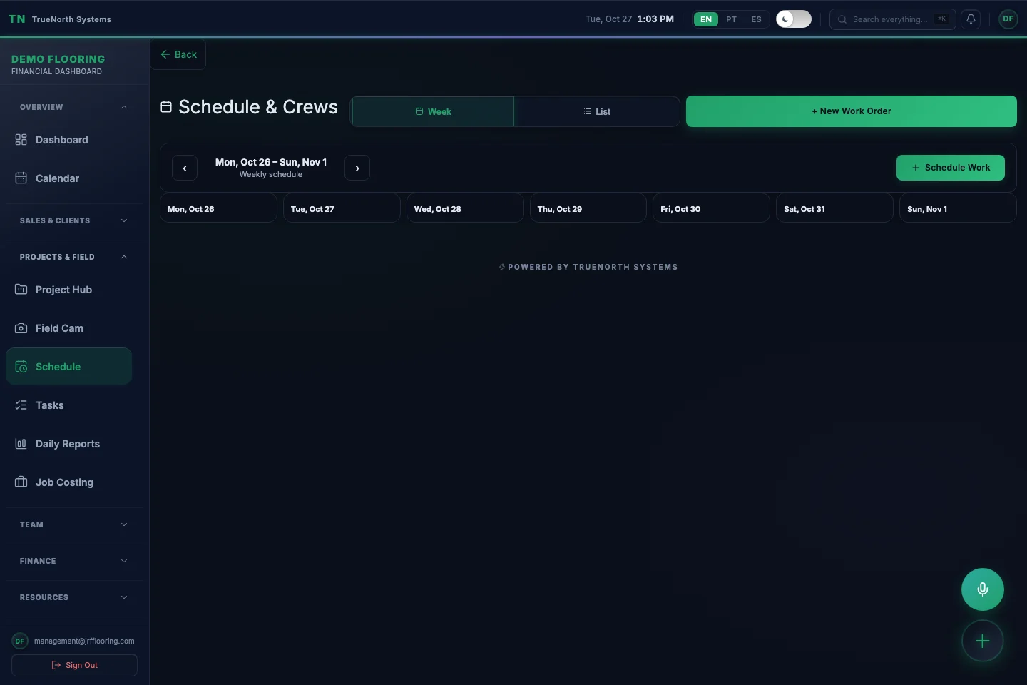 Crew Dispatch — Actual TrueNorth Systems interface. Synthetic demo data.
