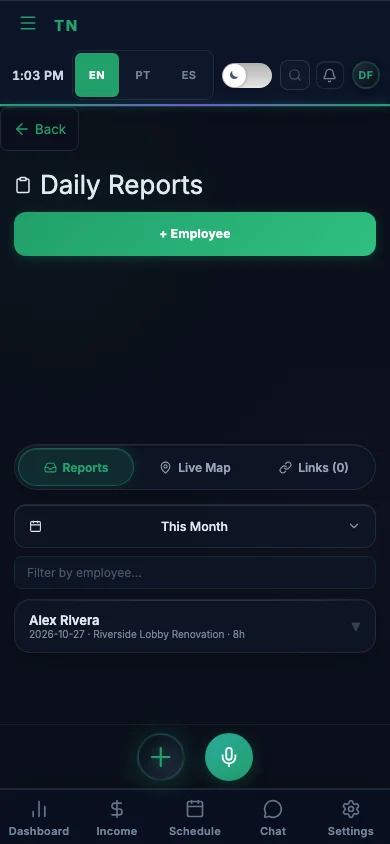 TrueNorth Systems mobile daily reports screen with demo data