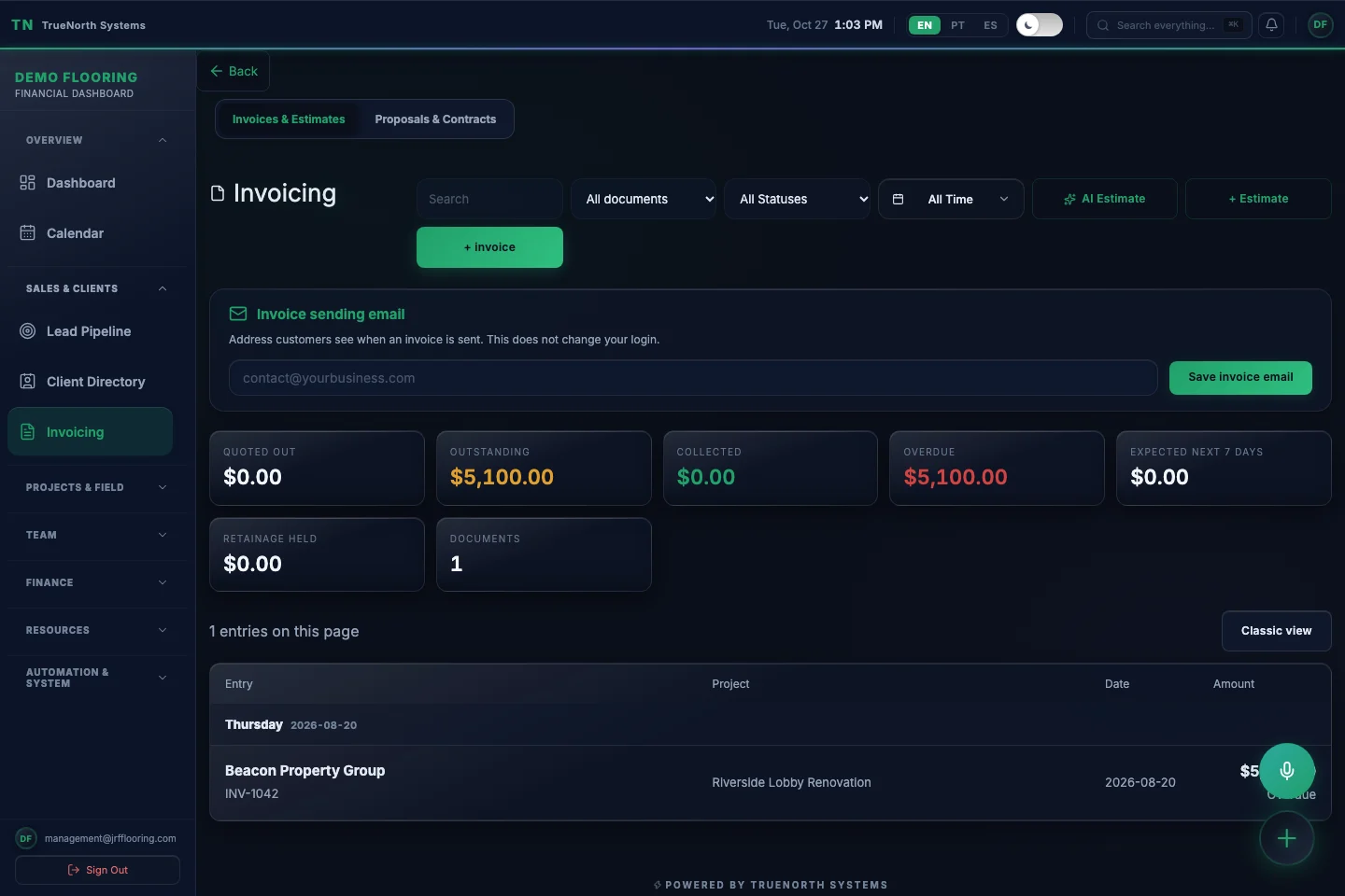 Change Orders & Payments — Actual TrueNorth Systems interface. Synthetic demo data.
