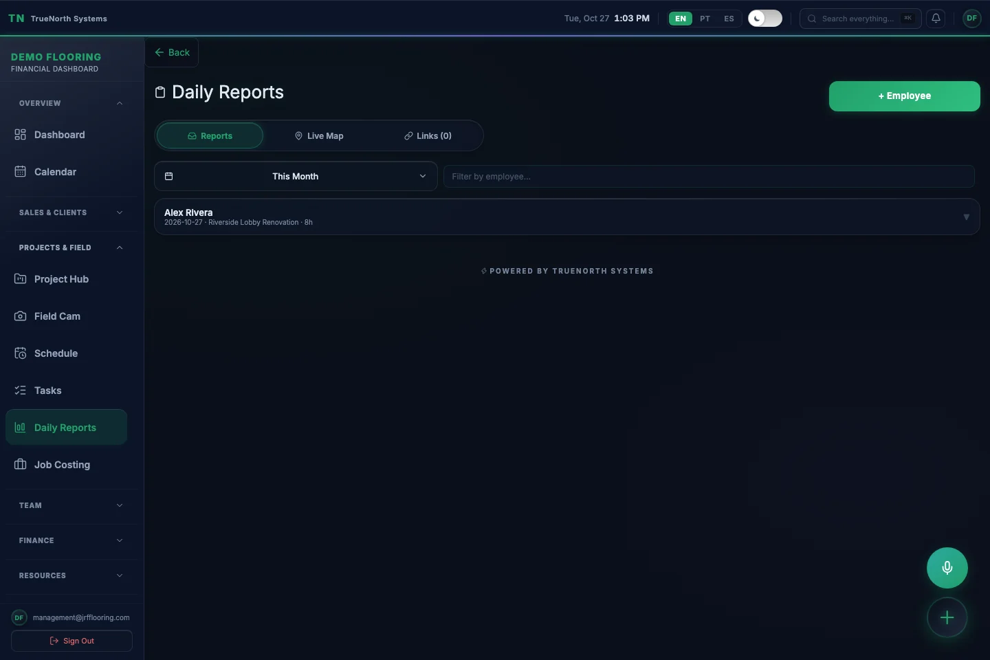 Daily Reports — Actual TrueNorth Systems interface. Synthetic demo data.